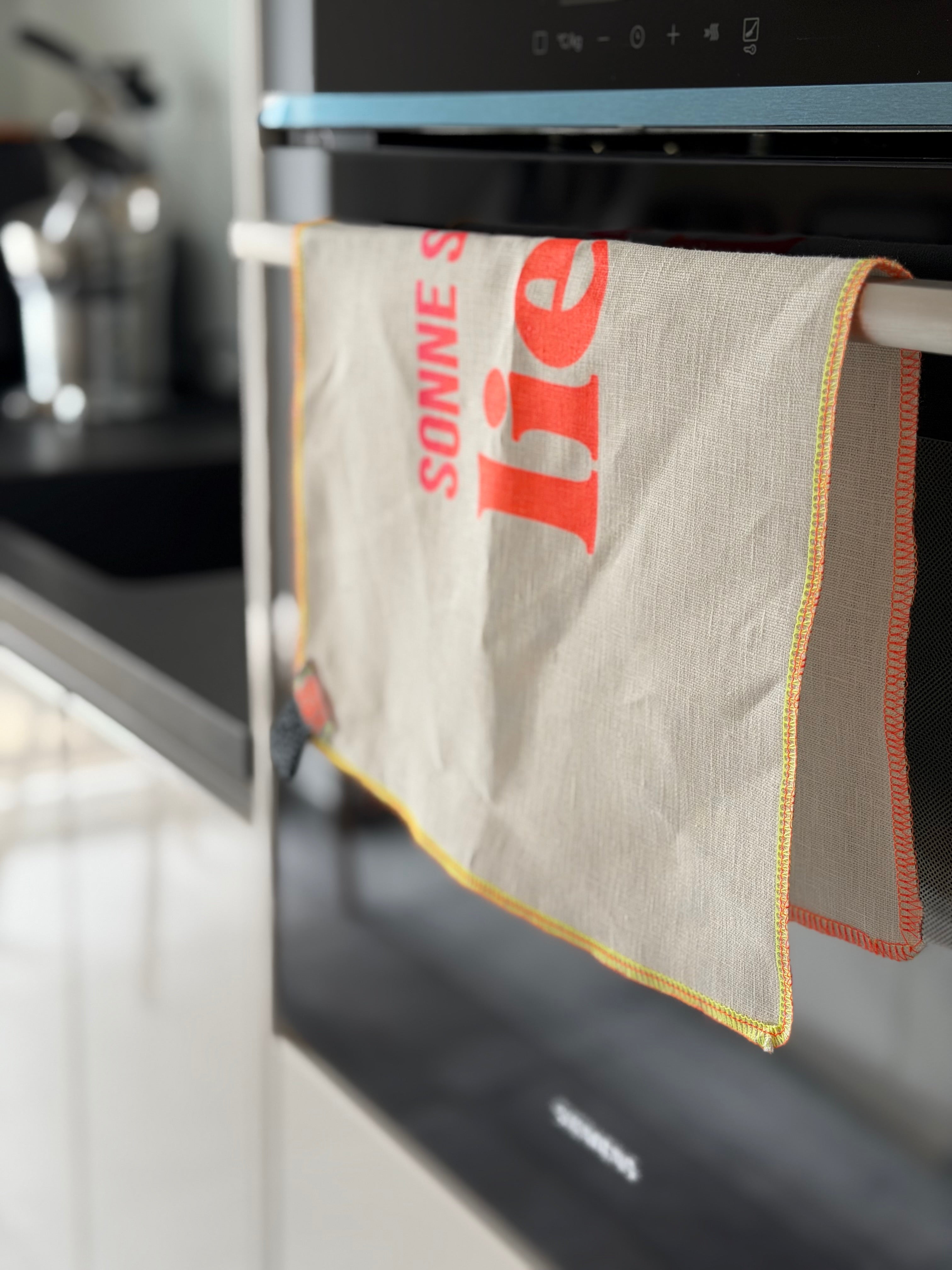 Leinen Geschirrtuch Küchentuch Sonne Sand Meer Liebs.