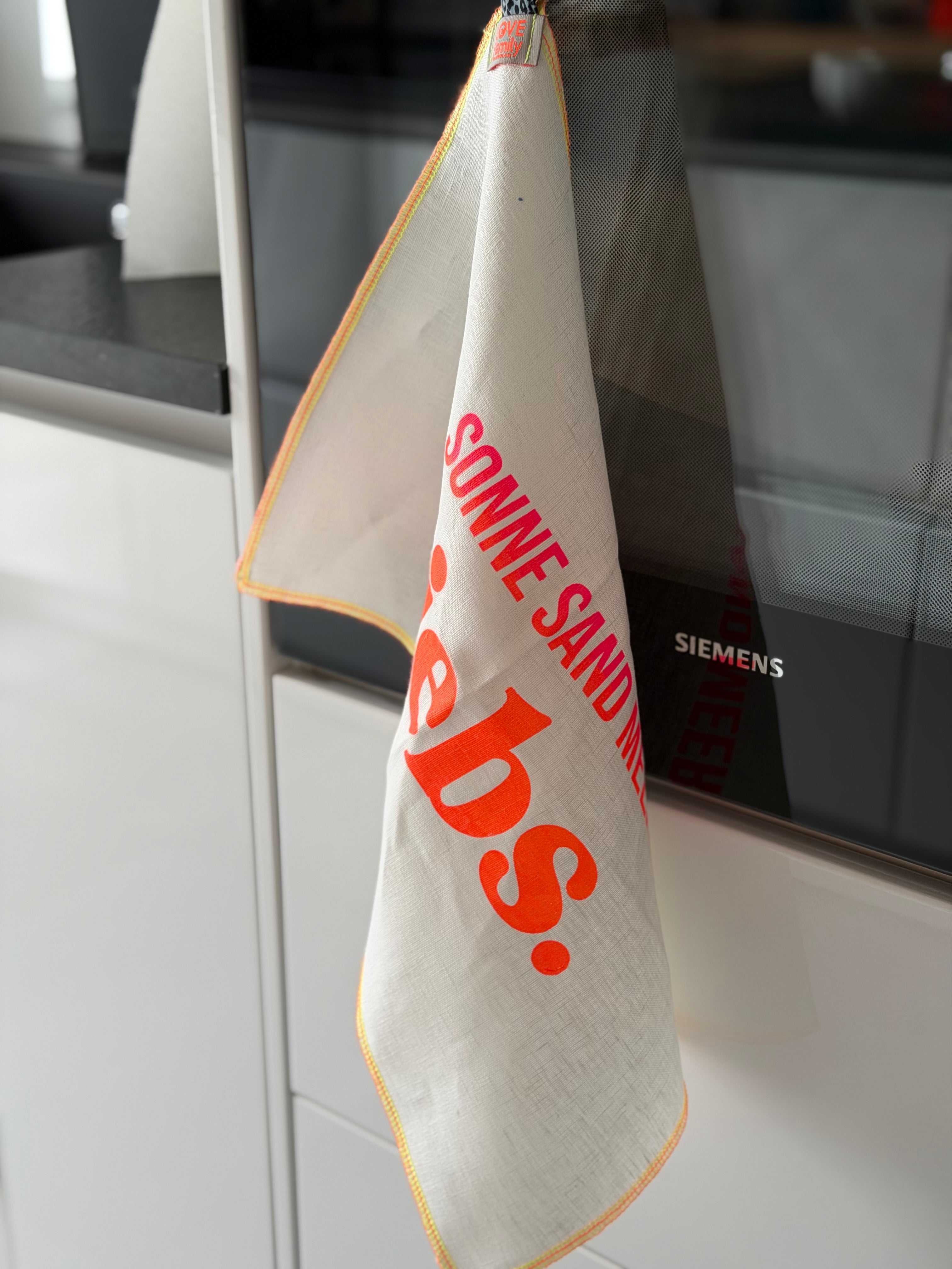 Leinen Geschirrtuch Küchentuch Sonne Sand Meer Liebs.