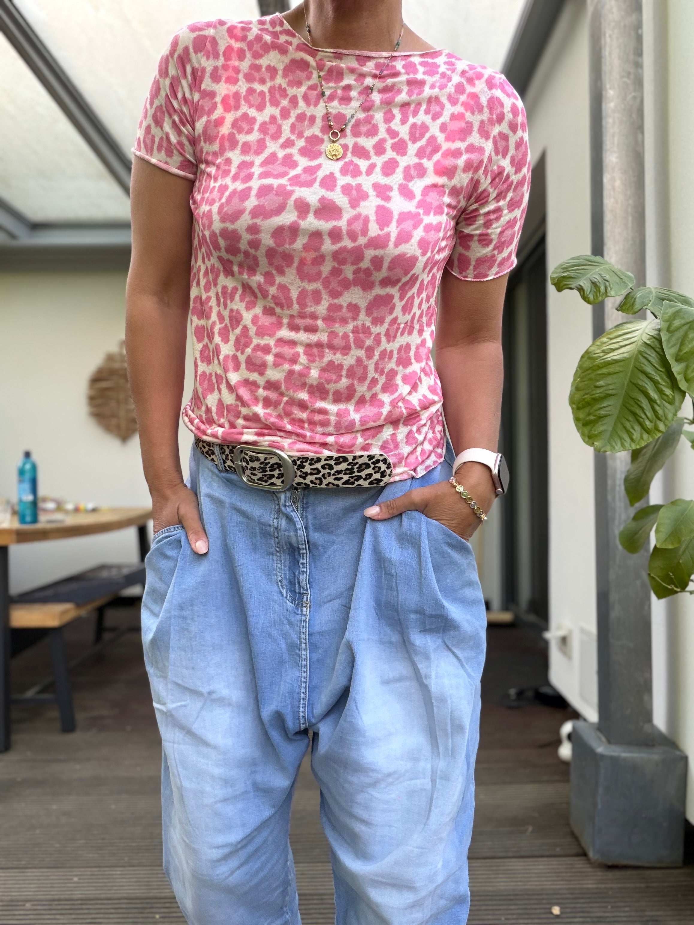 Cashmere top leo kurzarm, pink oder natur